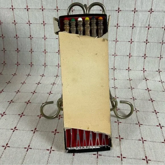 Vtg Japan Styson Fondue Fork Skewers Set Teak Wood Rainbow Ends Colored Ends - Picture 6 of 7